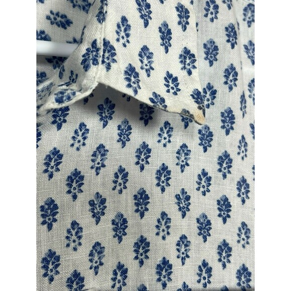 LL Bean Button Up Shirt Womens Medium White Blue Flowers Long Sleeve 100% Linen - Picture 6 of 16